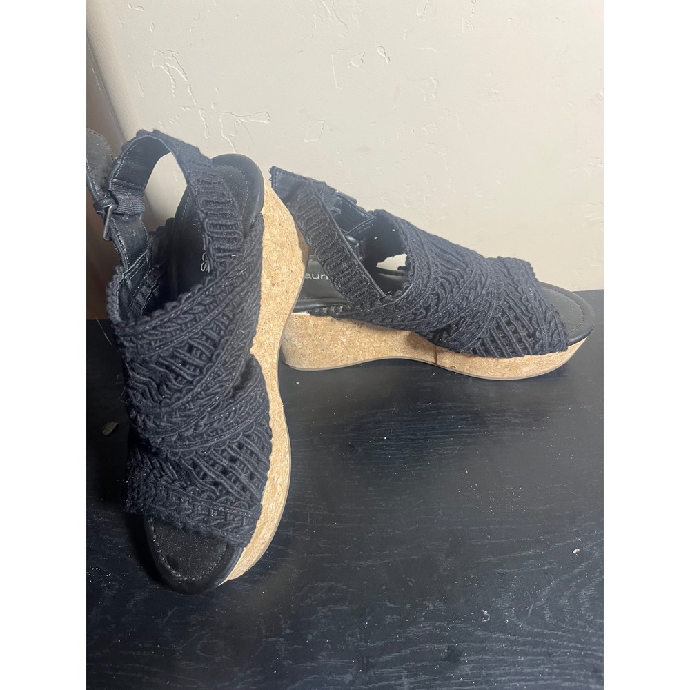 Maurices Black Woven Wedge Sandals Open Toe Ankle Strap Cork Heel only wore once - Picture 2 of 3
